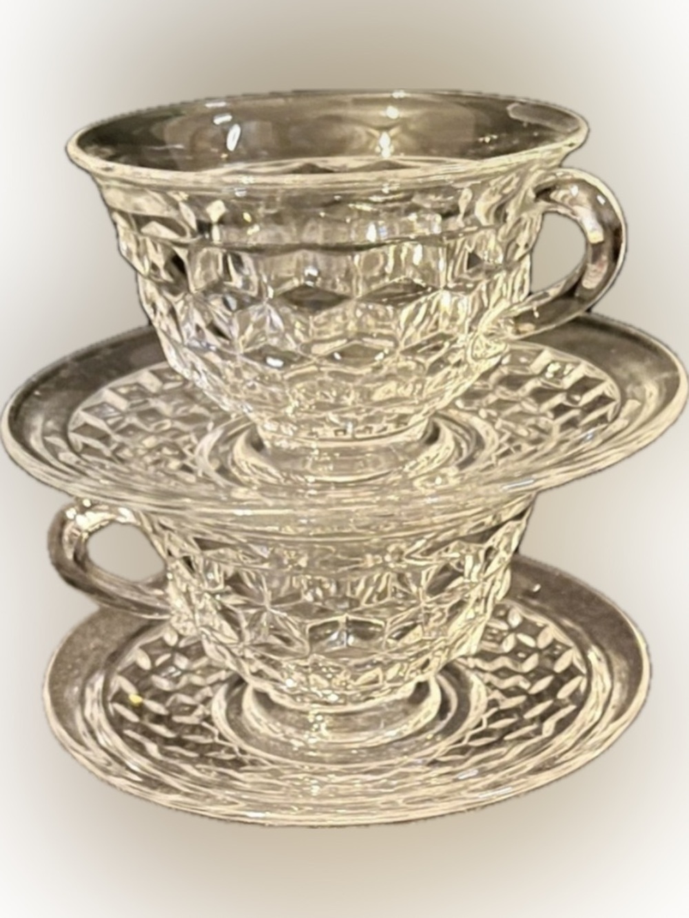 Fostoria American Crystal Clear Glass Cubist Flared Teacup Saucer Set of 2 MCM